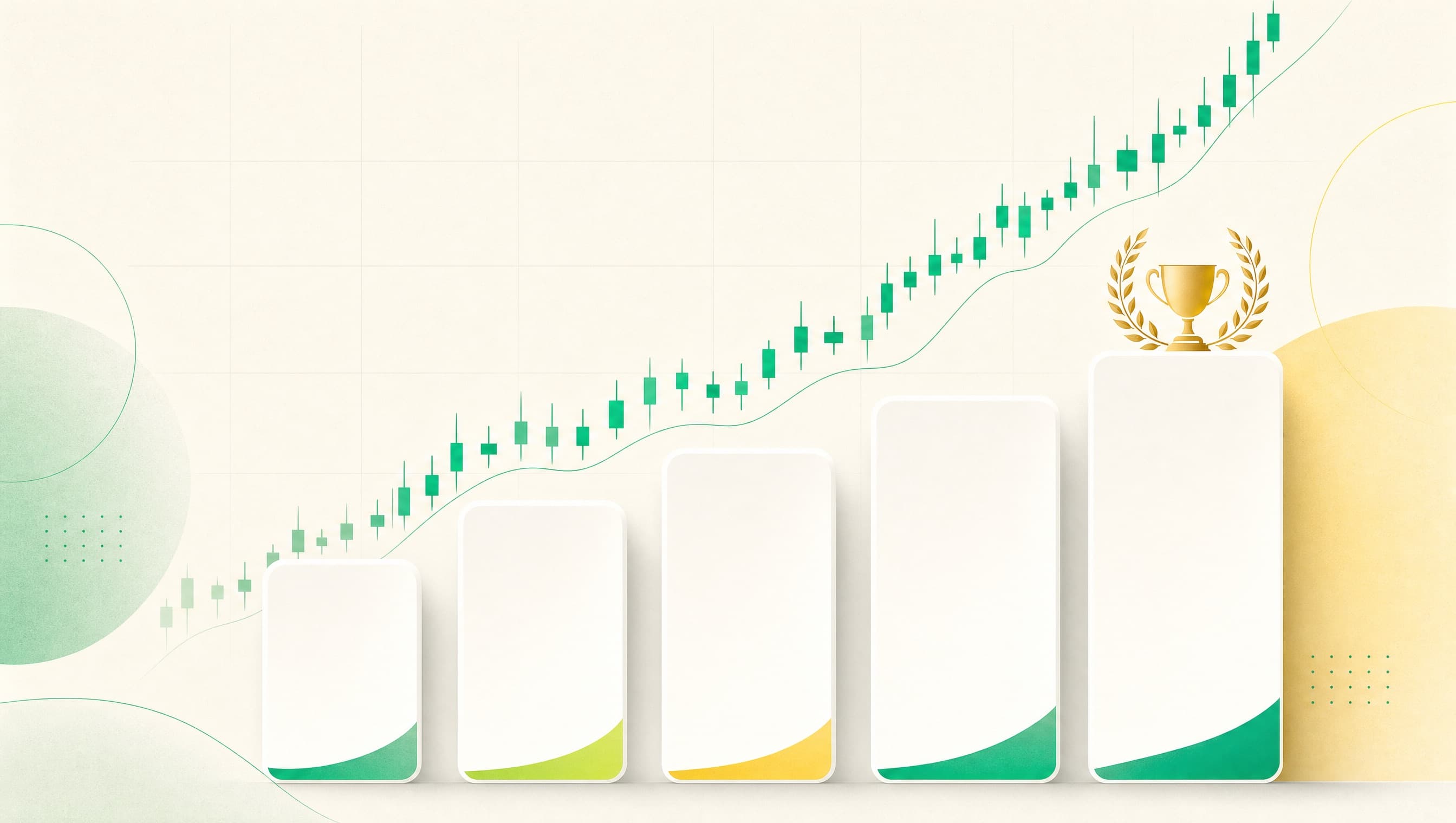 Illustration of five ranked podium cards beneath a rising candlestick chart, with a gold trophy on the tallest podium